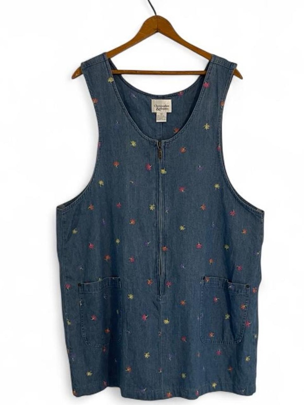 Vintage y2k Women's XL Denim Multicolor Embroidery Zipper Front Mini Dress